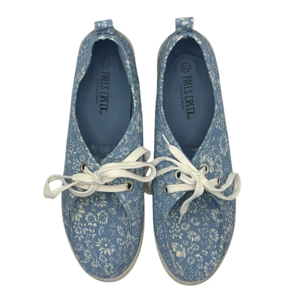 Falls Creek Blue Canvas Flats‎ w/ White Floral Pattern (Size 10)